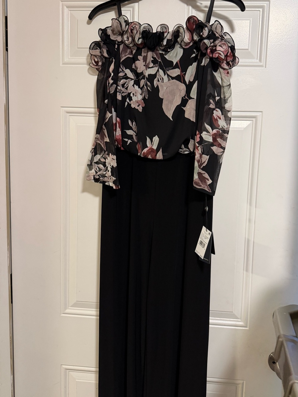 Adrianna Papell Black Floral One-Shoulder Jumpsuit with Rose Accents